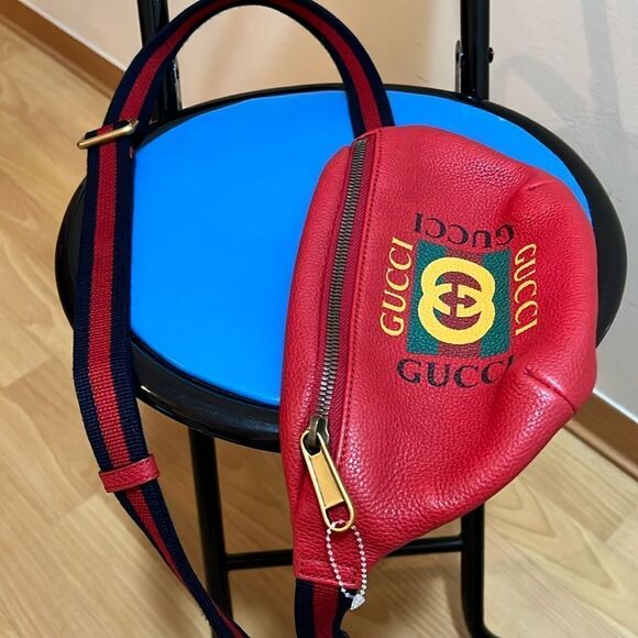 ❤️NWOT Gucci Belt Grained Logo Hibiscus Red Calfskin Cross Body Bag - Picture 6 of 14